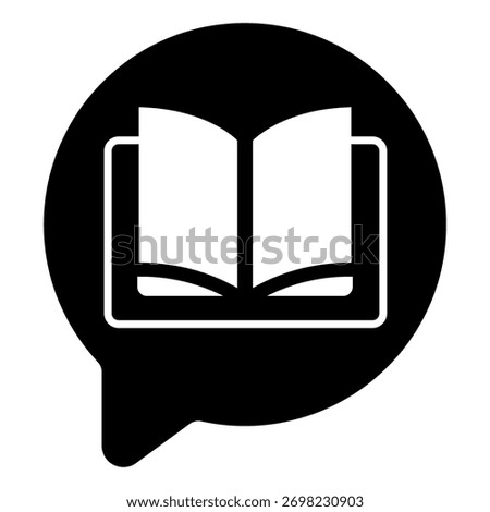 Book in talk dialog popup solid icon, book festival concept. Vector graphics. Story textbook on speech bubble, reading sign on white background, glyph style icon for mobile or web design