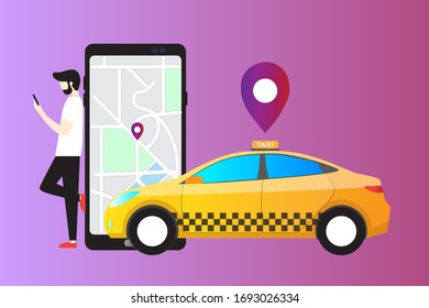 Book a taxi through the mobile app And a taxi on the background illustration EPS10