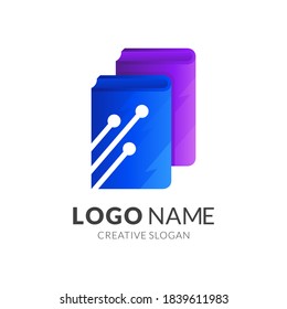 book tech logo, book and technology, combination logo with 3d blue and purple style