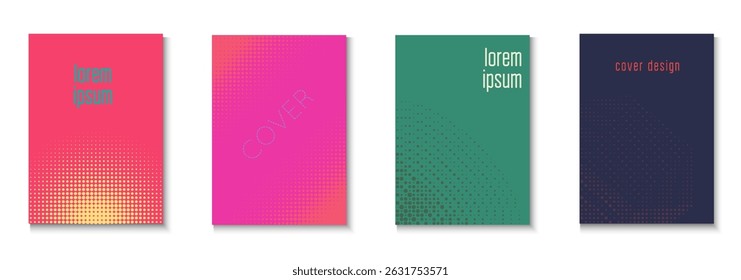 Conjunto de Modelos de Livro. Círculos De Cores No Layout De Memphis. Folheto Minimalista Em 2d Frame. Ponto Flyer. Padrão De Meio-Tom Minimalista. Cartaz Geométrico do Partido. Modelo de livro na moda
