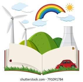 Book template with wind turbines and car illustration