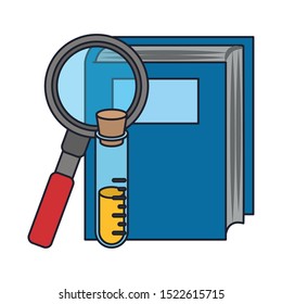 book with test tube and magnifying glass over white background, vector illustration