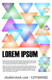 Book, textbook cover design. Abstract minimalist background with simple geometric elements, transparent multicolored pastel triangles on white background. Lorem ipsum example text