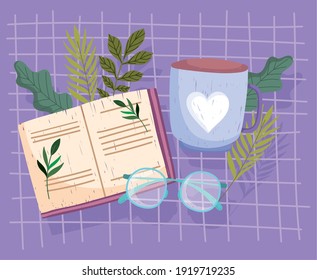 book, textbook glasses coffee cup, purple background vector illustration