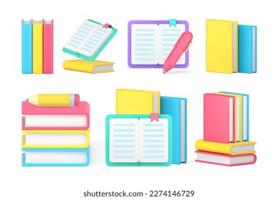 Book textbook library bookstore literature learning education knowledge set 3d icon realistic vector illustration. Educational studying graduation college class course notepad paper stationery