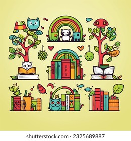 ícono de tema del libro estilo de arte de pegatinas lindo dinámico 