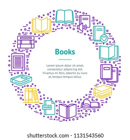 Book Thin Banner Card Circle Line Include of Textbook, Encyclopedia, pile or Stack. Vector illustration of Books