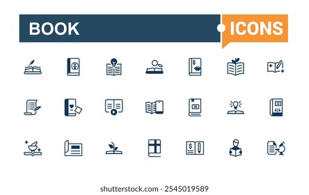 Conjunto de ícones de linha fina do livro. Inclui ícones para livro, caneta, vetor, aberto, ícone, educação e muito mais. Ícones simples da Web. Traçado editável dos ícones de vetor.