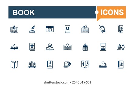 Book thin line icon set. Includes icons for book, pen, vector, open, icon, education and more. Simple web icons. Vector icons editable stroke.