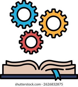 A book with three gears on the cover. The gears are red, blue, and yellow. The book is open to a page with a blue and yellow gear