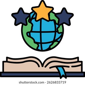 A book with three stars and a globe on the cover. The globe is surrounded by stars and the stars are in the shape of a starburst. The book is open to the middle of the page