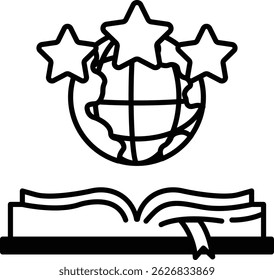 Um livro com três estrelas na capa e um globo no meio