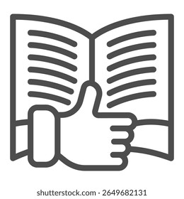 Buch mit Daumen nach oben Finger Hand Linie Symbol, Buch Festival Konzept. Vektorgrafiken. Lehrbuch und positive Bewertung, Leseschild auf weißem Hintergrund, Umrissstilsymbol für mobiles oder Webdesign