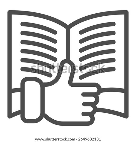 Book with thumb up finger hand line icon, book festival concept. Vector graphics. Textbook and positive review, reading sign on white background, outline style icon for mobile or web design