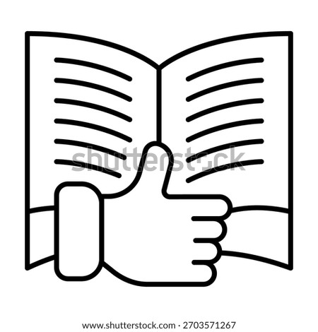 Book with thumb up finger hand thin line icon, book festival concept. Vector graphics. Textbook and positive review, reading sign on white background, outline style icon for mobile or web design