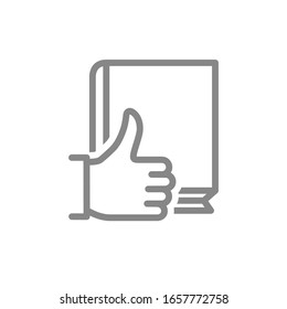 Book with thumb up line icon. Best book, customer review, user feedback symbol