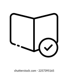 Book with tick line icon. Knowledge, data, education, gain, read, reading, textbook, text, learn, literature, fiction, non fiction. Vector line icon on white background