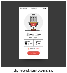 Book Ticket UX UI Screen For Mobile Phones with mic Illustration