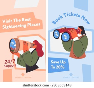 Book tickets on best sightseeing places and destinations. Support from agents and tour guides. Save up to twenty percent with offer. Promotional banner or advertisement. Vector in flat style