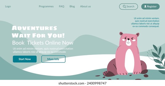Book tickets for zoo or nature park and enjoy watching animals in natural habitat closely. Cute bear and mountains ranges view. Website landing page, internet site template. Vector in flat style