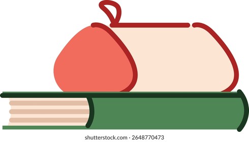 A book with a tied bag on top in a flat style. The image shows a closed book beneath a pouch with a drawstring. Cartoon vector illustration.