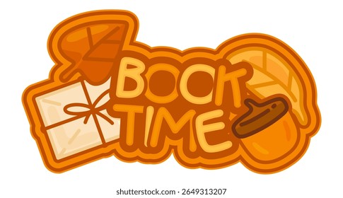 Ilustração de outono do Tempo de Livro. Ilustração plana de outono cartoon com letras BOOK TIME, folha, bolota e envelope. Tons de laranja quentes, isolados sobre fundo branco.
