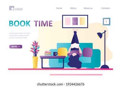 Book Time, Landing Page Template. Young Woman Lies On Armchair Upside Down. Female Character Is Reading Book Or Textbook. Interior Of Room With Furniture. Pastime, Leisure, Hobby. Vector Illustration