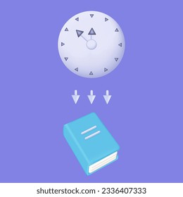 Book time now. Reminder to read books on time. Hours and arrows indicate the deadline for learning and education. Wall alarm clock and a book. Closed textbook, planner, notepad. Vector 3d illustration