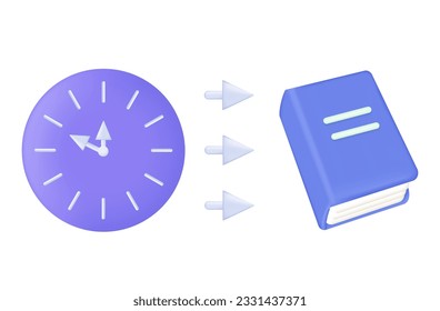 Buchen Sie Zeit. Erinnern Sie sich, Bücher pünktlich zu lesen. Stunden und Pfeile geben die Frist für das Lernen und die Bildung an. Wecker und ein Buch. Geschlossenes Lehrbuch, Planer, Notizblock. Vektorgrafik 3D.