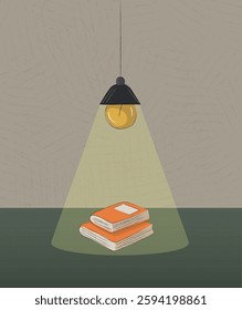 Book time. Two orange books on a table under the light.