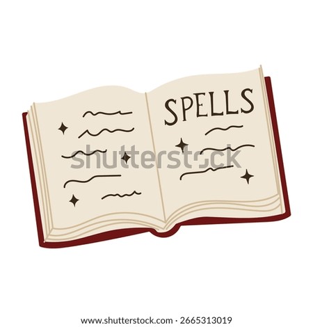 A book with the title Spells written on it. The book is open to a page with a few lines of text