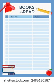 Buchverfolgungsseite für druckbares Journal. Protokoll lesen, Bücher am wenigsten lesen. Diagramm lesen, Fortschritt verfolgen. Gut für Selbstmotivation, Schüler und Bibliotheken.