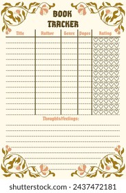 Book tracker template for fiction readers. Reading plan. Vector.