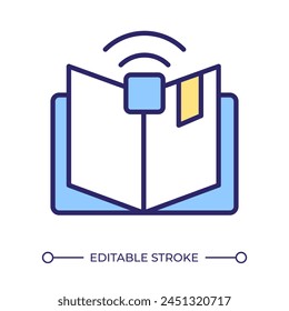Book tracking RGB color icon. GPS technology, software. Literature and materials. Open page, study notebook. Isolated vector illustration. Simple filled line drawing. Editable stroke