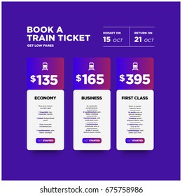 Book a Train Ticket and Get Low Fares Plans Economy Business First Class UI UX Screen Design With Select Date Calendar