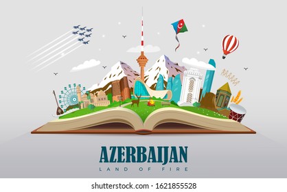 Book Travel Baku Azerbaijan Education Road trip. Tourism. Open book with landmarks. Travel Guide. Summer vacation. Travelling Educational vector illustration.