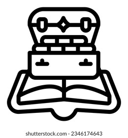 Libro, icono de la línea de la caja de tesoros, concepto de día de libro infantil, signo vectorial de libro abierto sobre fondo blanco, diseño web de concepto de esquema de tesoros piratas. Gráficos vectoriales.