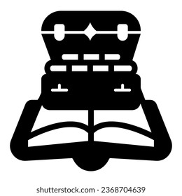 Book, treasures box solid icon, children book day concept, open book vector sign on white background, pirate treasure tale glyph style for mobile concept and web design. Vector graphics