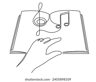 Book with treble clef and musical note one line art,hand drawn continuous contour.Creative design.Education studying learning concept,artistic template outline.Editable stroke.Isolated.Vector