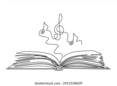 Book with treble clef and musical note one line art,hand drawn continuous contour.Creative design.Education studying learning concept,artistic template outline.Editable stroke.Isolated.Vector