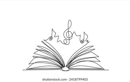 Buch mit Dreifach-Klappe und musikalische Note Eine Linie Kunst, handgezeichnet kontinuierliche Umriss.Kreatives Design.Bildungsstudium Lernkonzept, künstlerische Vorlagenumriss.Bearbeitbarer Strich.Isolated.Vektor