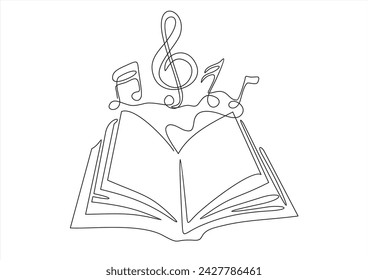 Book with treble clef and musical note one line art,hand drawn continuous contour.Creative design.Education studying learning concept,artistic template outline.Editable stroke.Isolated.Vector