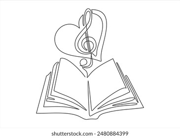 Book with treble clef and musical note one line art,hand drawn continuous contour.Creative design.Education studying learning concept,artistic template outline.Editable stroke.Isolated.Vector