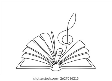 Livro com clave aguda e nota musical uma arte de linha, desenhado à mão contour.Creative design.Education estudando o conceito de aprendizagem, esboço do modelo artístico.Editable traço.Isolated.Vetor