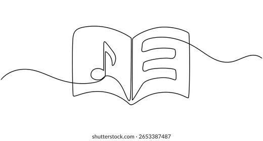 Book with treble clef and musical note continuous one line drawing, Book with treble clef and musical note one line art, hand drawn continuous contour. Creative design. Education studying learning