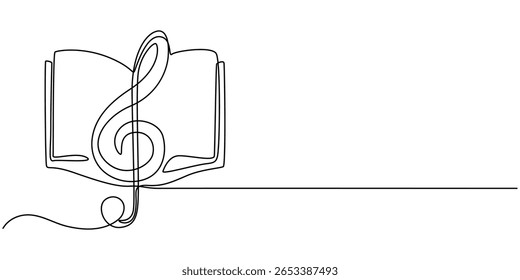 Book with treble clef and musical note continuous one line drawing, Book with treble clef and musical note one line art, hand drawn continuous contour. Creative design. Education studying learning