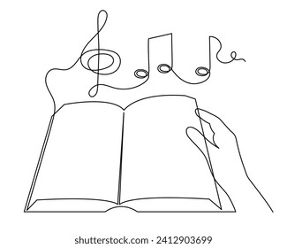 Book with treble clef and musical notes one line art,hand drawn continuous contour.Creative design.Education studying learning concept,artistic template outline.Editable stroke.Isolated.Vector