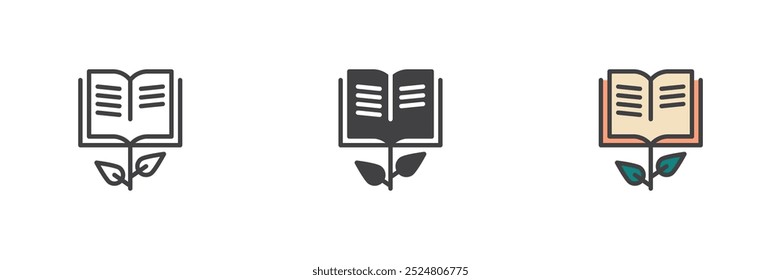 Book tree different style icon set. Line, glyph and filled outline colorful version, outline and filled vector sign. Tree of knowledge symbol, logo illustration. Vector graphics