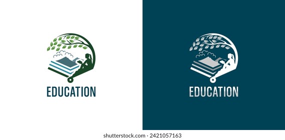 Book tree education logo, vector symbol of girl reading a book