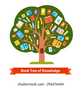 Book tree of knowledge and reading. Flat style vector illustration.